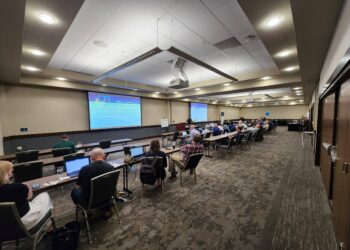 This view shows the whole meeting space, including sponsors