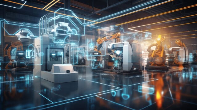 Industry 4.0 smart factory interior showcases advanced automation, machinery, and robotics in a futuristic industrial setting. Innovation, engineering, and interconnected systems.ai generative