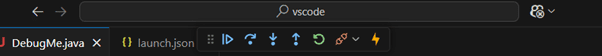 Debug controls which appear on the top of the screen, allow you to step-in, step-out and resume.