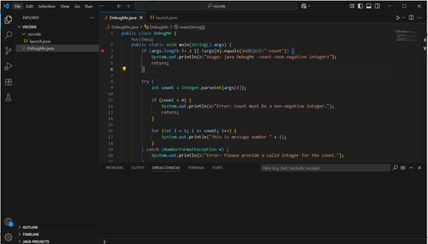 DebugMe.java is a simple Java command-line program that prints a sequence of messages based on a user-specified count