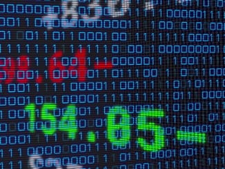 Image of financial data over binary code on black background. business, finance, technology and digital interface concept digitally generated image.